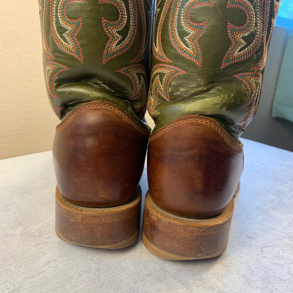 Justin 6.5D Bent Rail BR307 Cowboy Boots Brown Green 11" Square Toe USA Made - Picture 8 of 16
